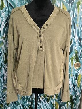Pilcro Olive Green Button-Front Henley Long Sleeve